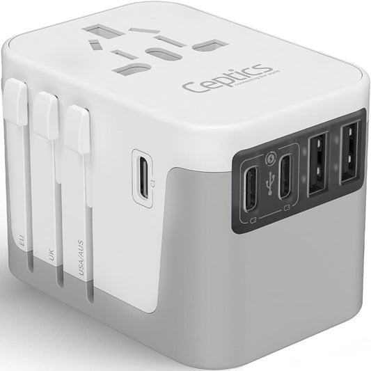 Ceptics 6 in 1 Universal Travel Adapter, Universal Outlet w/ 2X USB-A and 3X USB-C 6A, Travel Power Adapter for use in EU, UK, US, AU and More, Universal Plug for Mobiles, Laptops- UP-30KU-WH