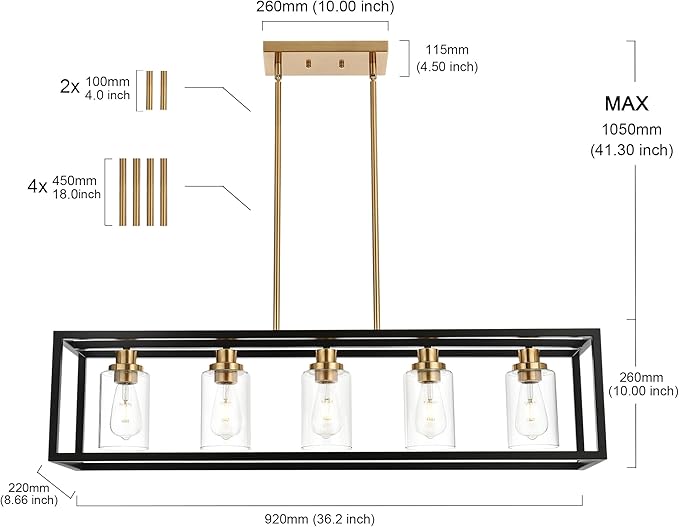 MELUCEE Black Chandeliers Rectangle 5 Lights Dining Room Lighting Fixtures Hanging Over Table, Kitchen Island Lighting Linear Pendant Light Ceiling with Clear Glass Shade and Brushed Brass Socket