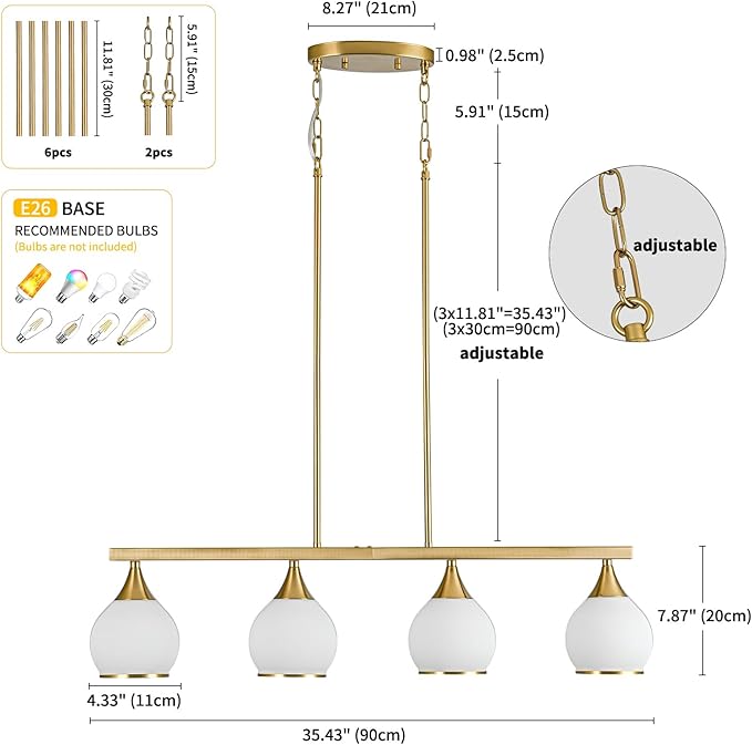 Island Light for Kitchen,4-Light Gold Finish Kitchen Island Pendant Lighting with Round Frosted Glass Shades for Dining Table