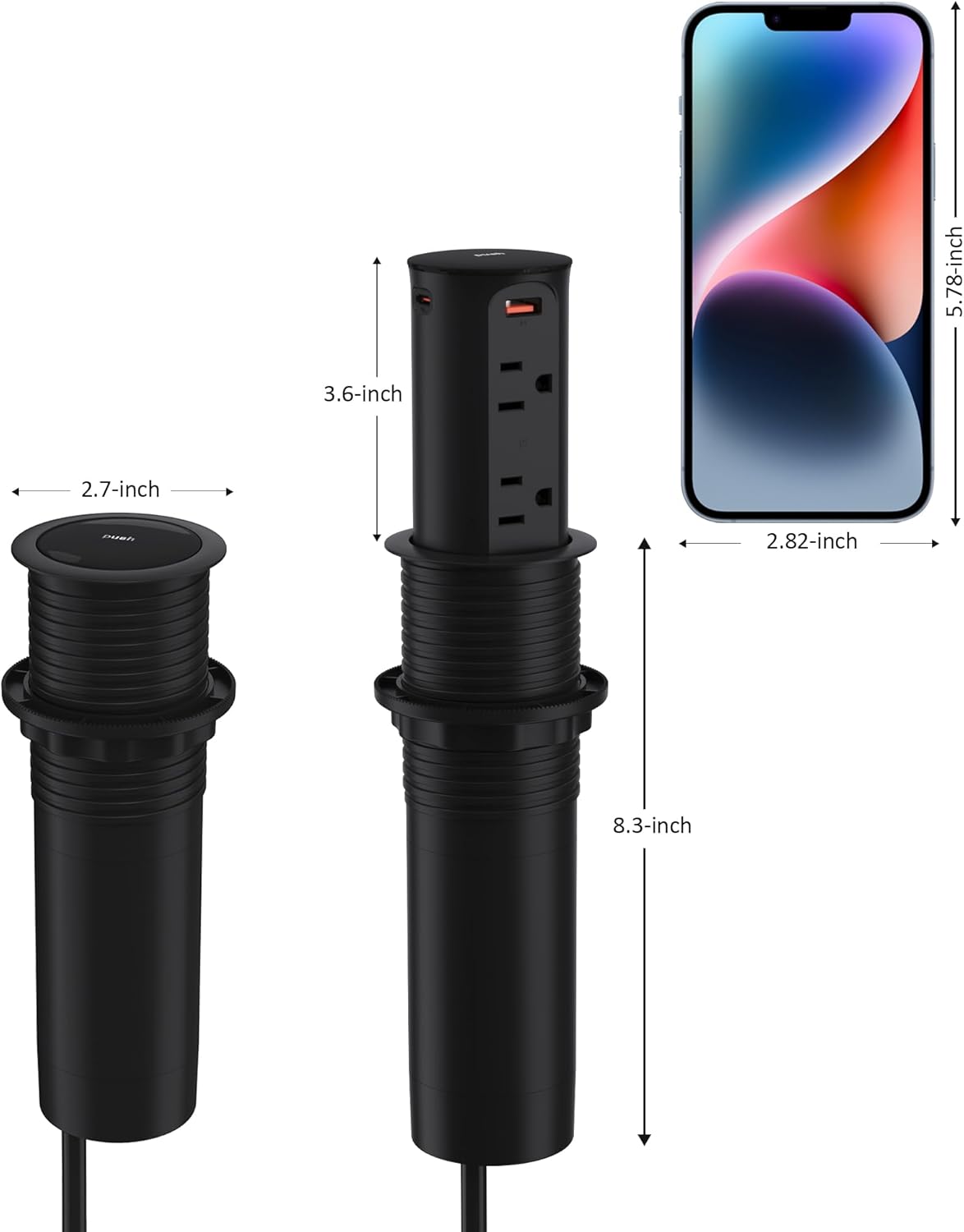Pop up Outlet for Countertop,65W USB C Fast Charging Port,2.5-inch Hole Desktop Power Grommet,Recessed Power Strip,4 Outlets 4 USB Ports,15Amp Tamper Resistant Receptacle，ETL Listed (Black)
