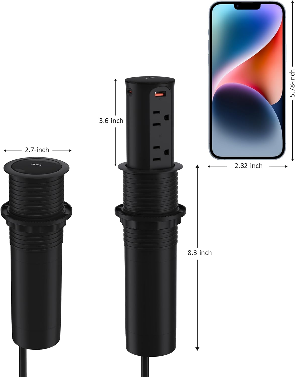 Pop up Outlet for Countertop,2.5 Inch Hole Desktop Power Grommet,Recessed Power Strip,20W USB C Fast Charging,4 Outlets 4 USB Ports,15Amp Tamper Resistant Receptacle for Home,Kitchen,Office Black