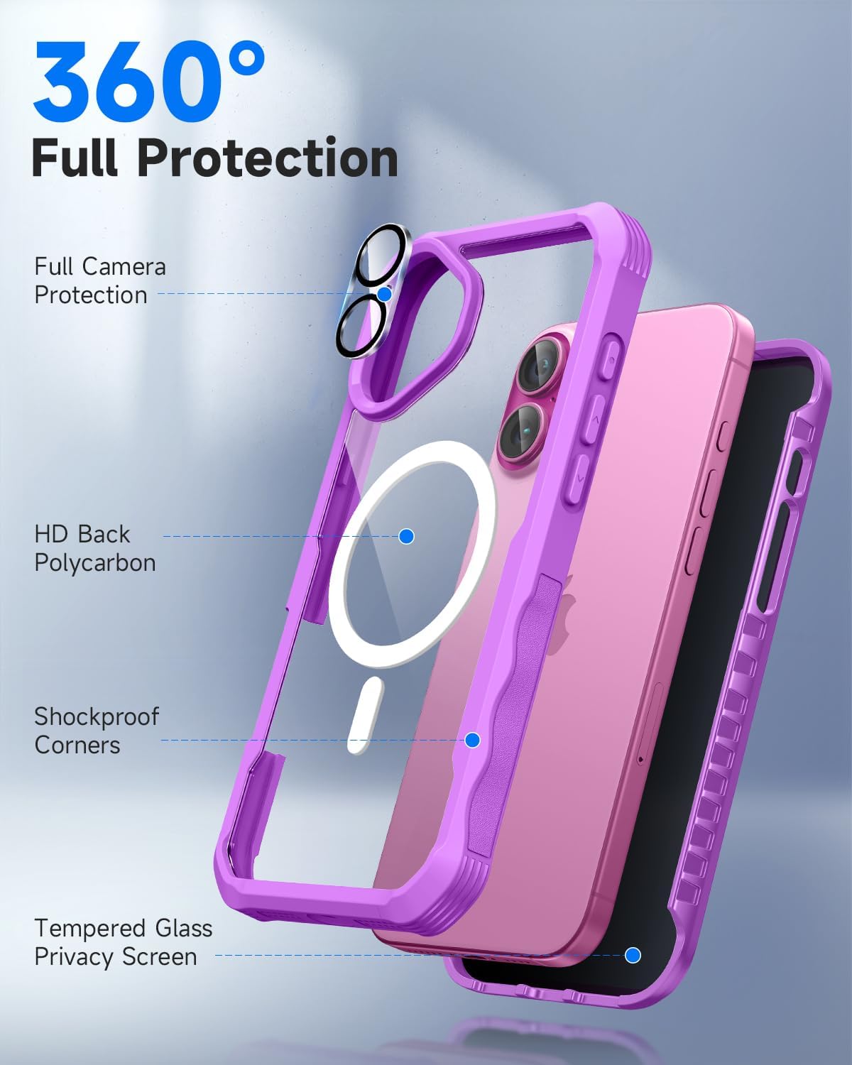 seacosmo for iPhone 16 Case, Full Body Bumper with Built-in 9H Tempered Glass Privacy Screen and Camera Lens Protector, Compatible with MagSafe, Shockproof 16 Phone Case, 6.1", Fuchsia Pink