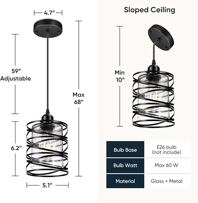 Pendant Lights 3 Pack Kitchen Lights with Bubble Seeded Glass Island Lights Black Hanging Light for Kitchen, Dining Room, Bathroom, Entryway, Restaurant