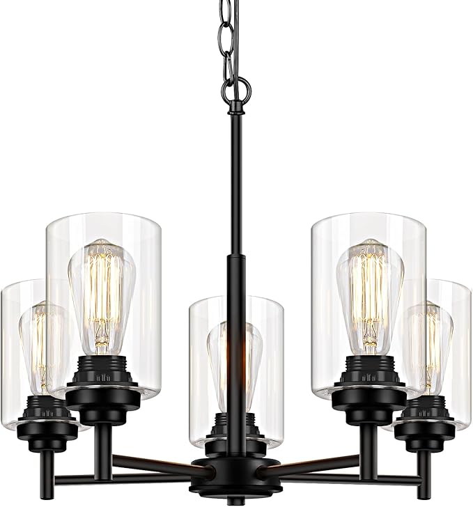 Sucolite 19.8'' 5-Light Chandelier for Dining Room Kitchen Island, Modern Farmhouse Pendant Lighting with Glass Shades Industrial Black Hanging Ceiling Light Fixture for Living Room, Height Adjustable