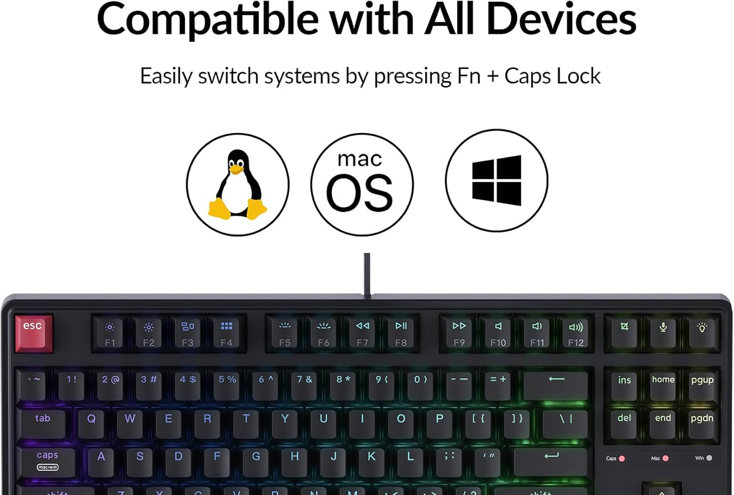 Keychron C3 Pro TKL 80% Wired Mechanical Keyboard, 8K Polling Rate, QMK/VIA Programmable, Hot-Swappable, RGB Backlit Shine-Through Keycaps, Super Brown Switch, for Windows/Mac
