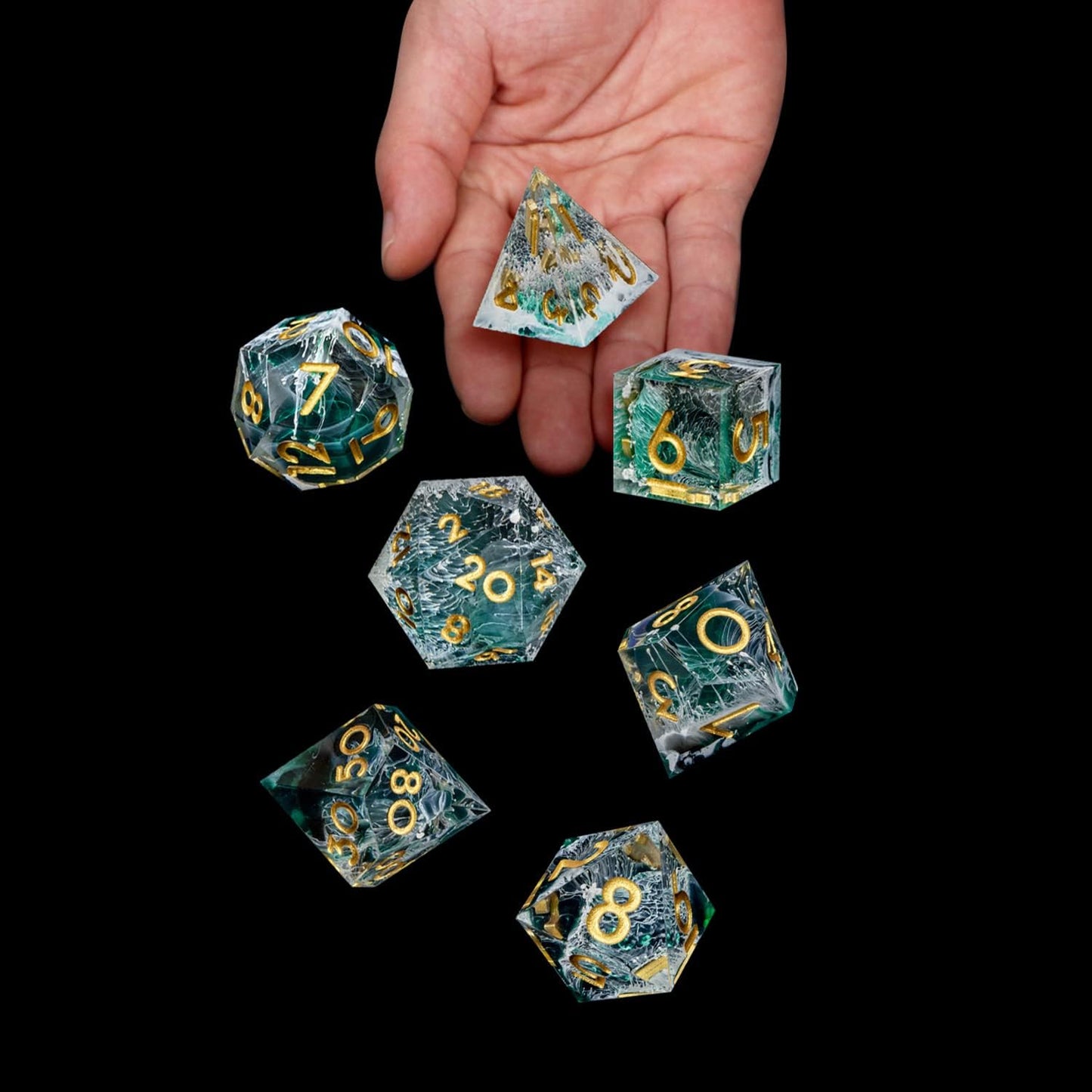 ARUOHHA Sharp Edge Dice DND Resin Translucent Dice Set, Green Handmade D and D Dice Set RPG Role Playing Games Polyhedral Dice D20 D12 D10 D8 D6 D4