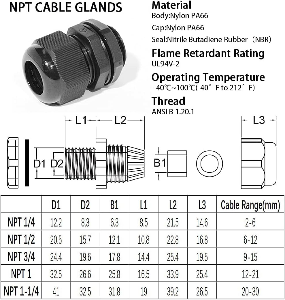 PENGLIN Cable Glands 1/2" NPT Nylon Cable Connector, Strain Relief Cord Connector, IP68 Waterproof Adjustable Locknut(1/2 Inch (10-Pack))