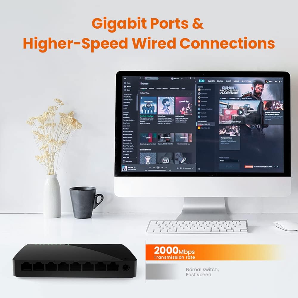 Tenda SG108, 8-Port Gigabit Ethernet Switch, Unmanaged Network Hub, Ethernet Splitter, Plug & Play, Shielded Ports & Plastic Case, Desktop/Wall-Mount, Fan-Less, Limited Lifetime Protection