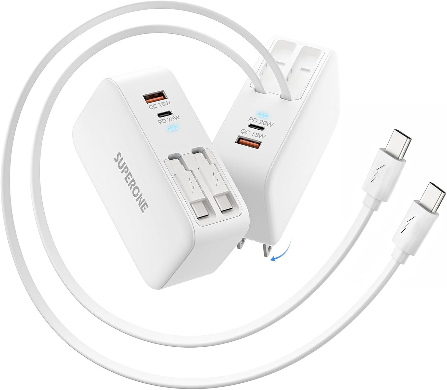 SUPERONE Retractable iPhone Charger, 4-Port USB C Charger Block, iPhone Chargers Fast Charging with Dual USB C Cable, Wall Chargers for iPhones 16/15/14/13/12/11 Series, Pad, Samsung, Pixel