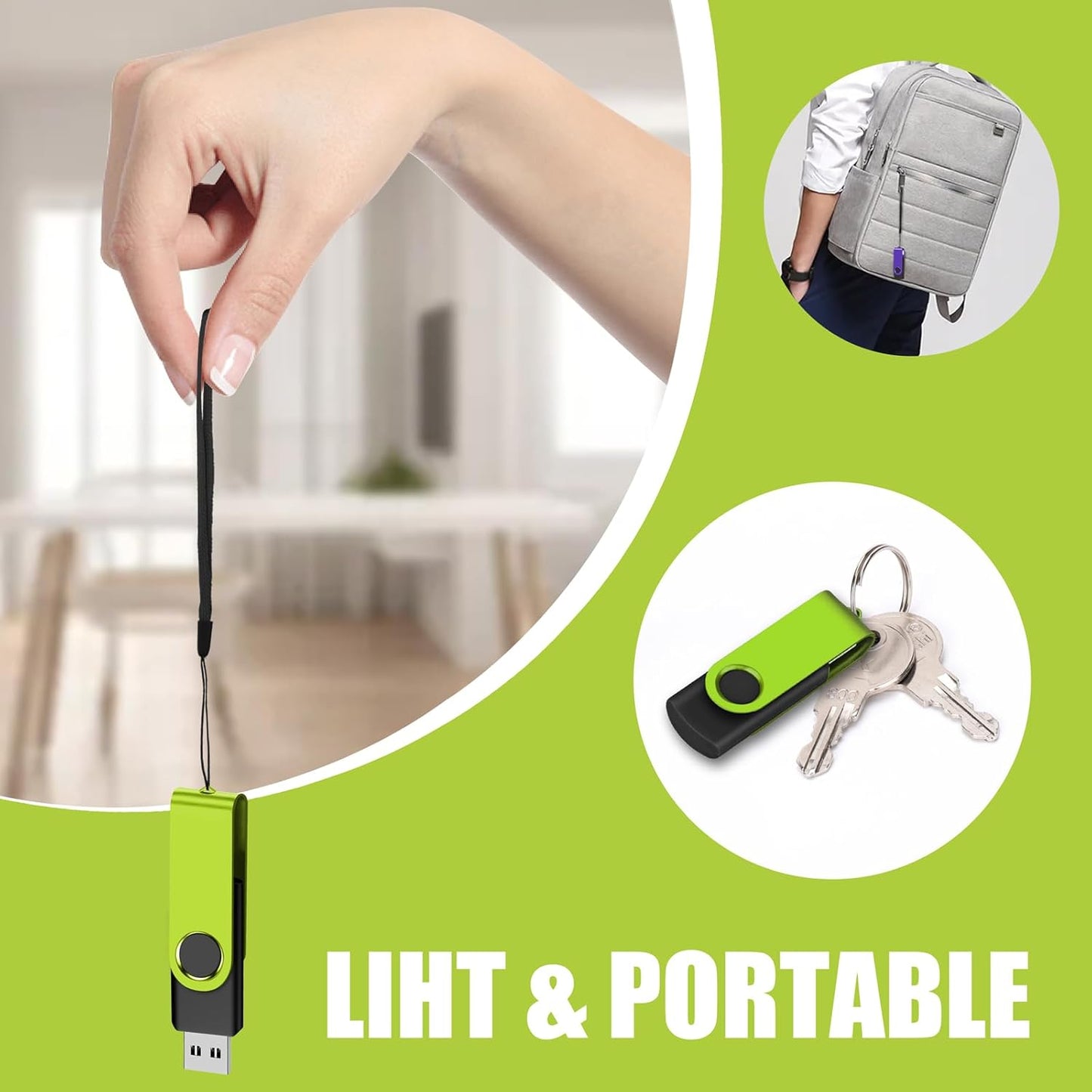 EASTBULLUSB Flash Drive Bulk 2GB 20 Pack with Lanyards USB 2.0 Thumb Drive Bulk Memory Stick Swivel Pen Drive for Storage and Backup 2GB 20 Pack, Green