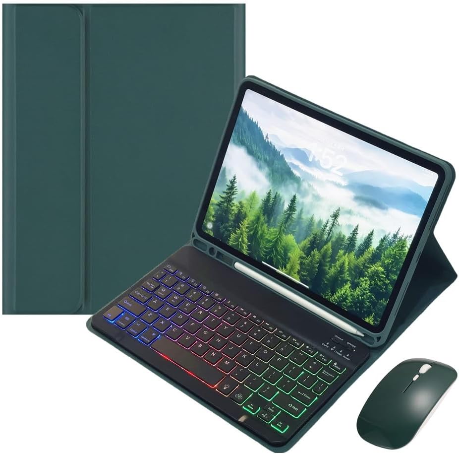 Rainbow Backlit Keyboard Case for iPad Pro 13 inch (M4) 2024 with Mouse and 7 Colors RGB Colorful Backlight Magnetic Detachable Bluetooth Keyboard Cover,Dark Green+Black