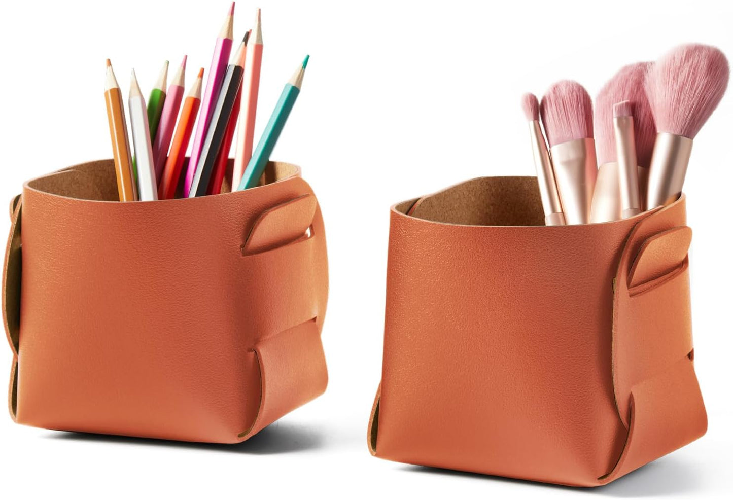 HOMIEAZICOZI 2-Pack Cork Leather Desk Accessories Storage - Pencil Pen Holder - Makeup Brush Holder Organizer - Stylish Addition to Home Decor (Orange)