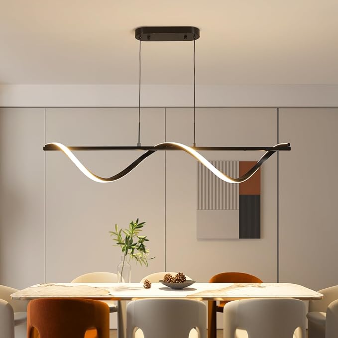 ziidoo Kitchen Island Lighting ，43.3in Dimmable Dining Room Light Fixture Over Table Linear LED Black Wave Spiral Chandeliers Modern Pendant Lights for Living Room Ceiling Hanging Light