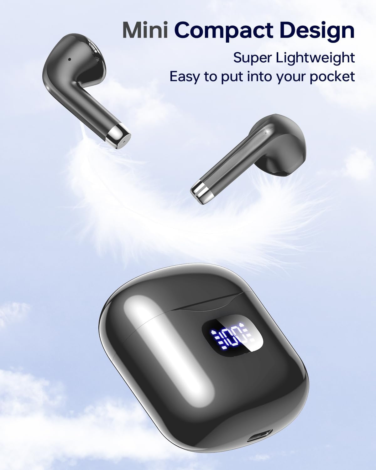 Wireless Earbuds Bluetooth 5.3 Ear Buds, Bluetooth Headphones with LED Display Charging Case, 40Hrs Playtime Stereo Sound, IPX7 Waterproof in-Ear Earphones with Mic for Phone Tablet Sports, Charcoal