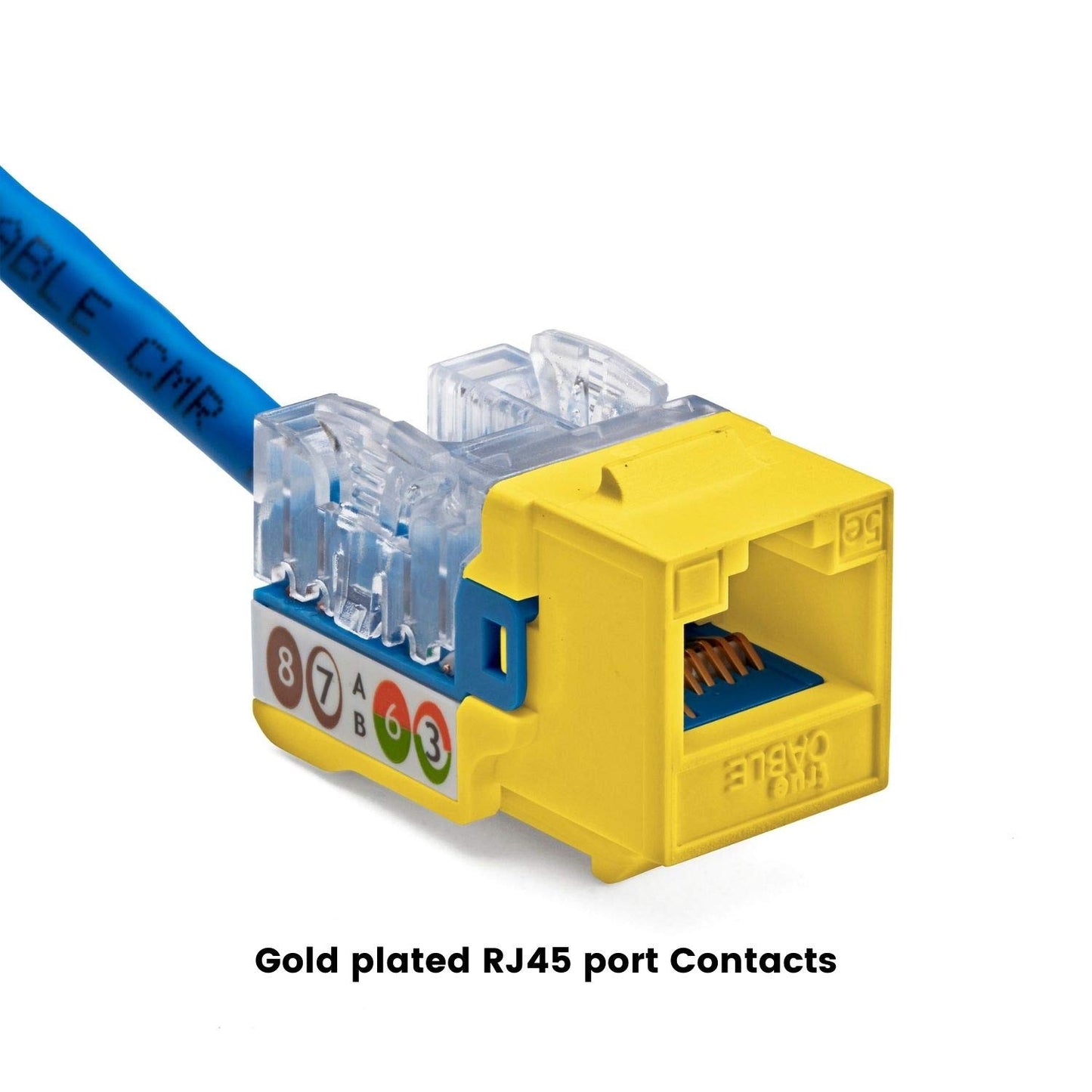 trueCABLE Cat5e Keystone Jack, Unshielded (UTP), 90 Degree Punch-Down, PoE++ (4PPoE) 100W, UL Listed, ETL Verified, ANSI/TIA Certified, Modular RJ45 Female, Yellow, 12 Pack