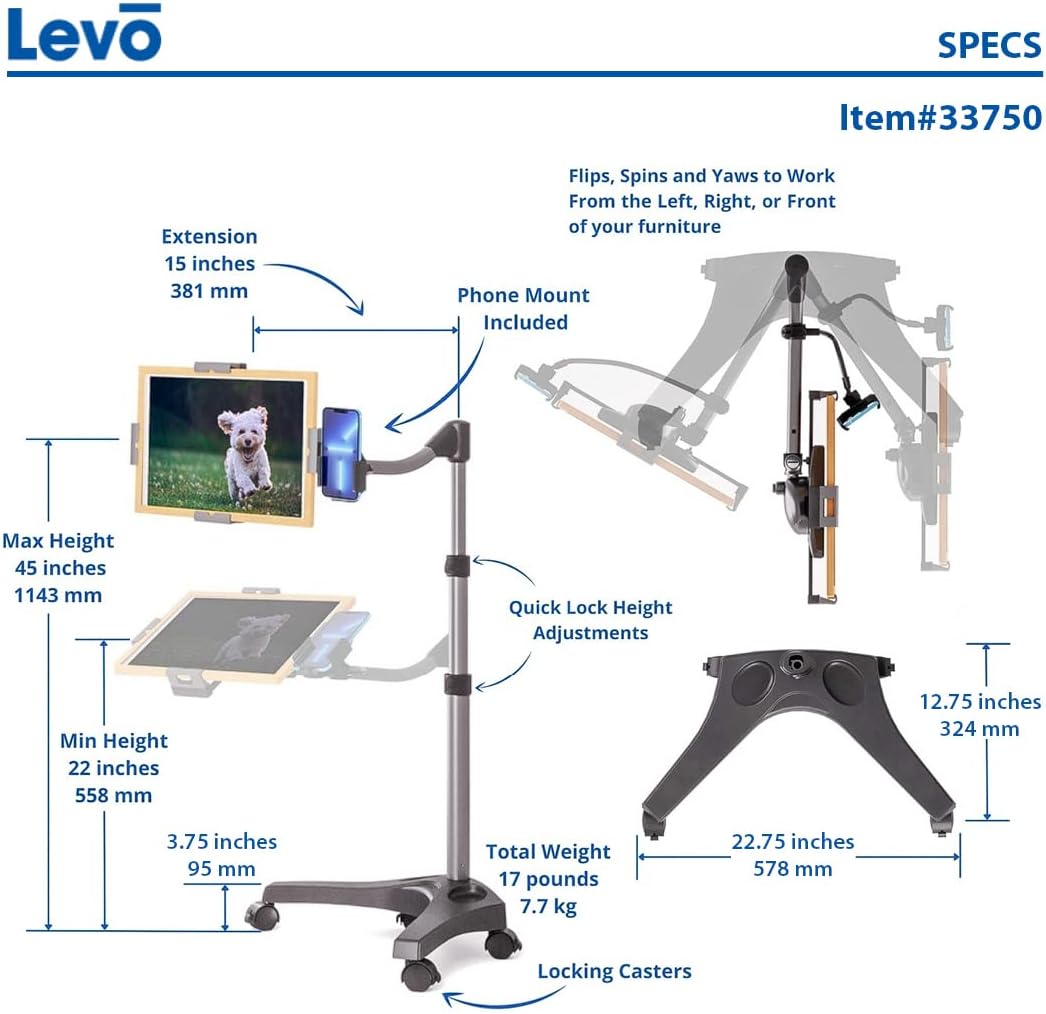 LEVO G2 Essential Tablet Floor Stand Tablet PCs, iPads, iPad mini, New iPad Pro, Galaxy, Nexus, Xoom, Surface Pro, Miix, Nook, Fire, and Other Tablets and e Readers Black Color