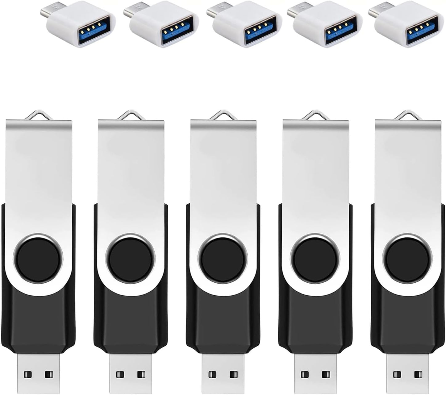 5 Pack 64GB USB Flash Drive with Type C Adapter and Storage Box USB 2.0 High Speed Metal Pen Drive 360° Rotatable Storage Memory Stick for Phone/Pad/PC/Laptop/Android - Black(5-Pack 64GB)