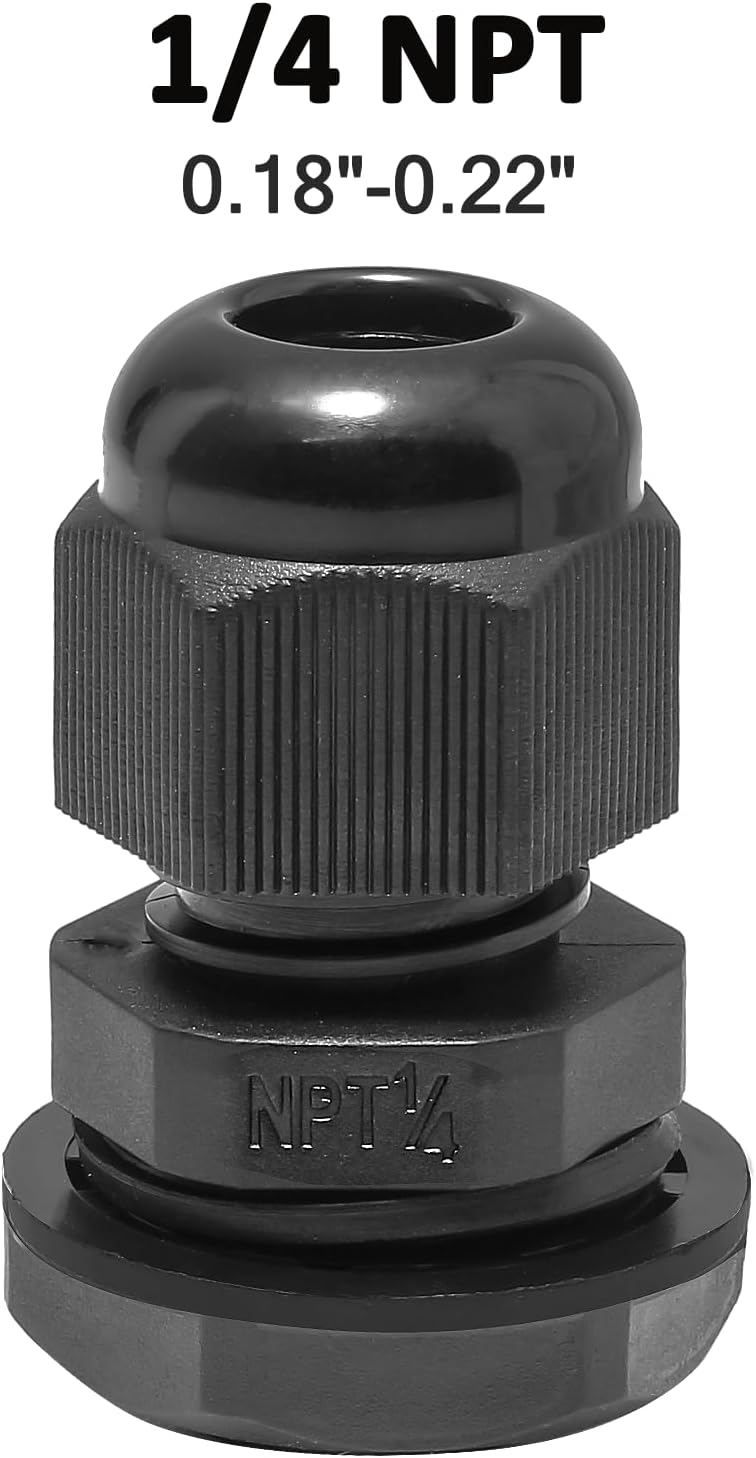 20 Pcs 1/4" NPT Nylon Cable Glands, IP68 Waterproof Adjustable Cord Grip Cable Connector Strain Relief Wire Protectors for 4-6mm Cable Diameter, Black