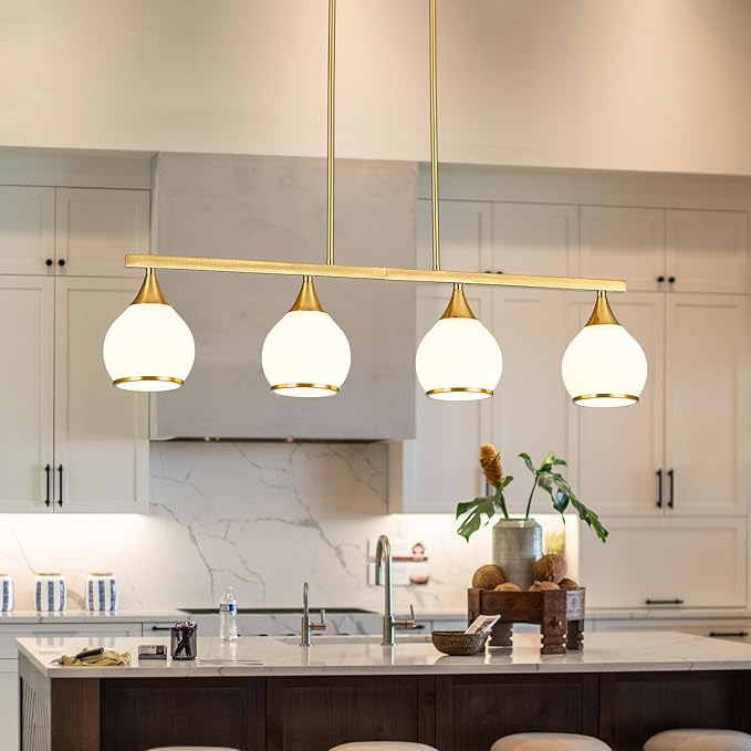 Island Light for Kitchen,4-Light Gold Finish Kitchen Island Pendant Lighting with Round Frosted Glass Shades for Dining Table