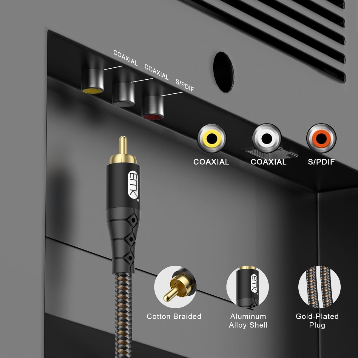 EMK RCA to RCA Subwoofer Cable – 24K Gold-Plated Connector Nylon Braided Double Shielded Audio Cable Digital&Analog Signal Support for Amplifiers Subwoofer Home Theater Hi-Fi Systems Black/15ft/5m