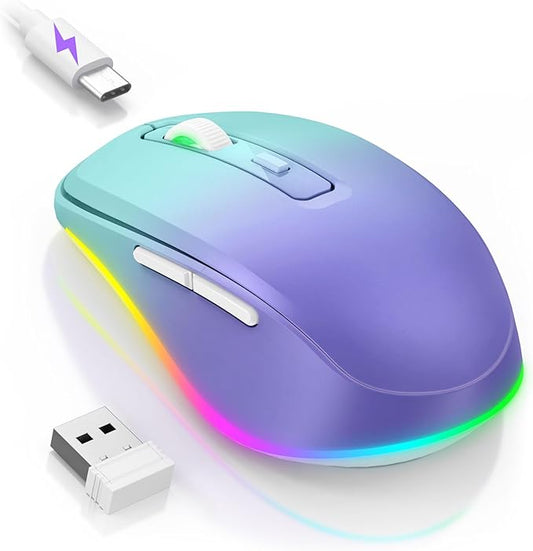 PEIOUS Wireless Mouse Jiggler - LED Wireless Mice with Build-in Mouse Jiggler Mover, Rechargeable Moving Mouse for Computer with Undetectable Random Movement Keeps Computer Awake - Gradient Purple
