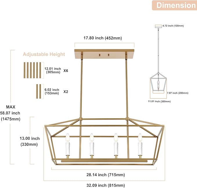 4-Light Gold Kitchen Island Lighting Over Table, Modern Lantern Cage Chandelier Pendant Light Fixture with Height Adjustable, E12 Bulb Base