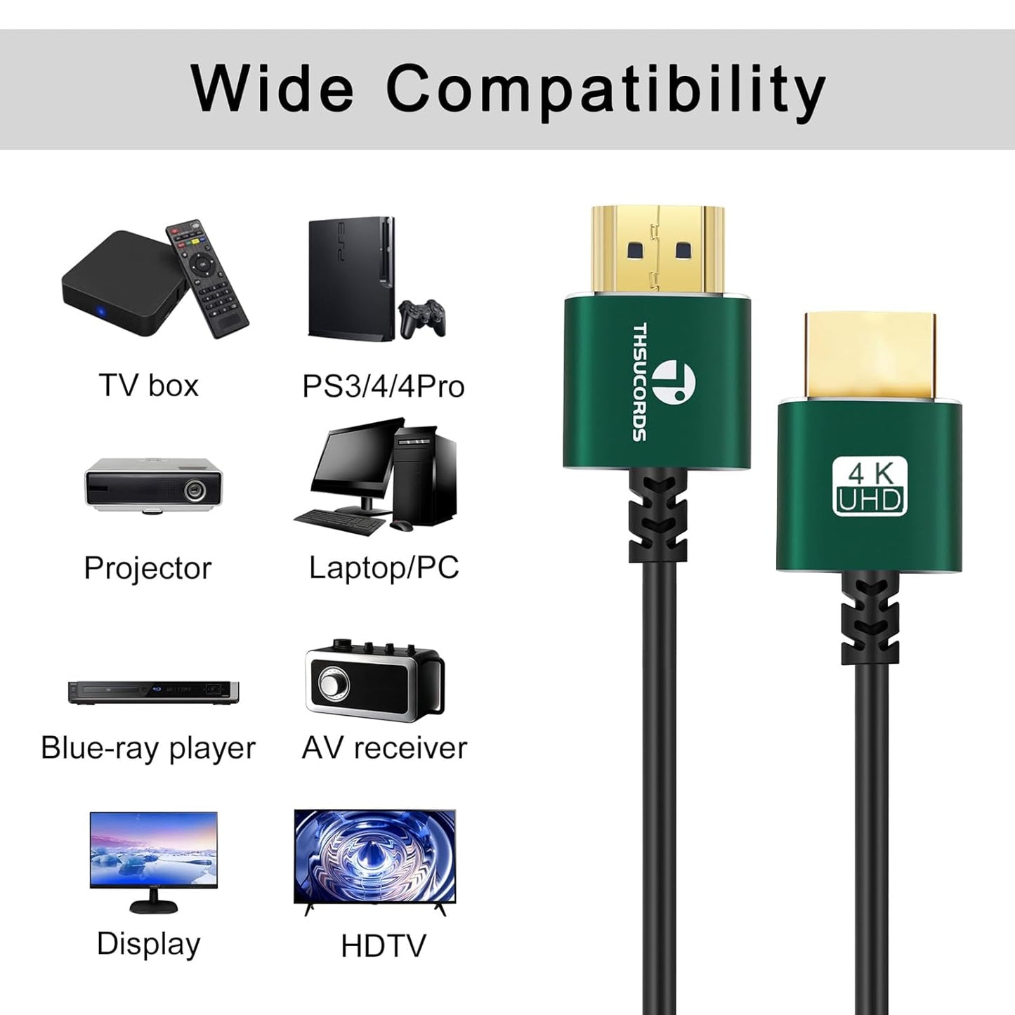 Slim HDMI Cable 10FT, Ultra Soft & Thin HDMI to HDMI Cord, Extreme Flexible & Skinny HDMI Wire Supports High Speed 4K@60Hz 18gbps 2160p 1080p