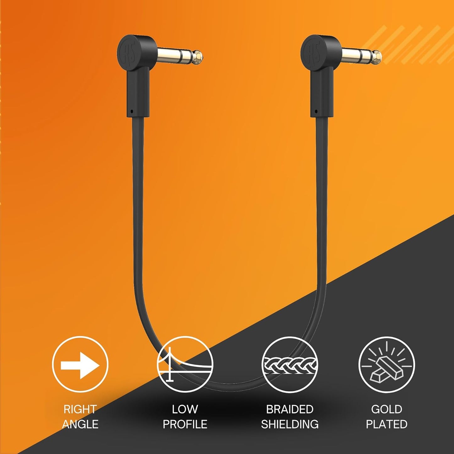 Rock Stock Stereo TRS Cable 1/4 Right Angle - 4" Ultra-Thin Flat TRS Patch Cable, Low Profile, Gold Plated, Braided Shielding, Maximize Pedalboard Space, Eliminate Noise, Connect Guitar Effects Pedals