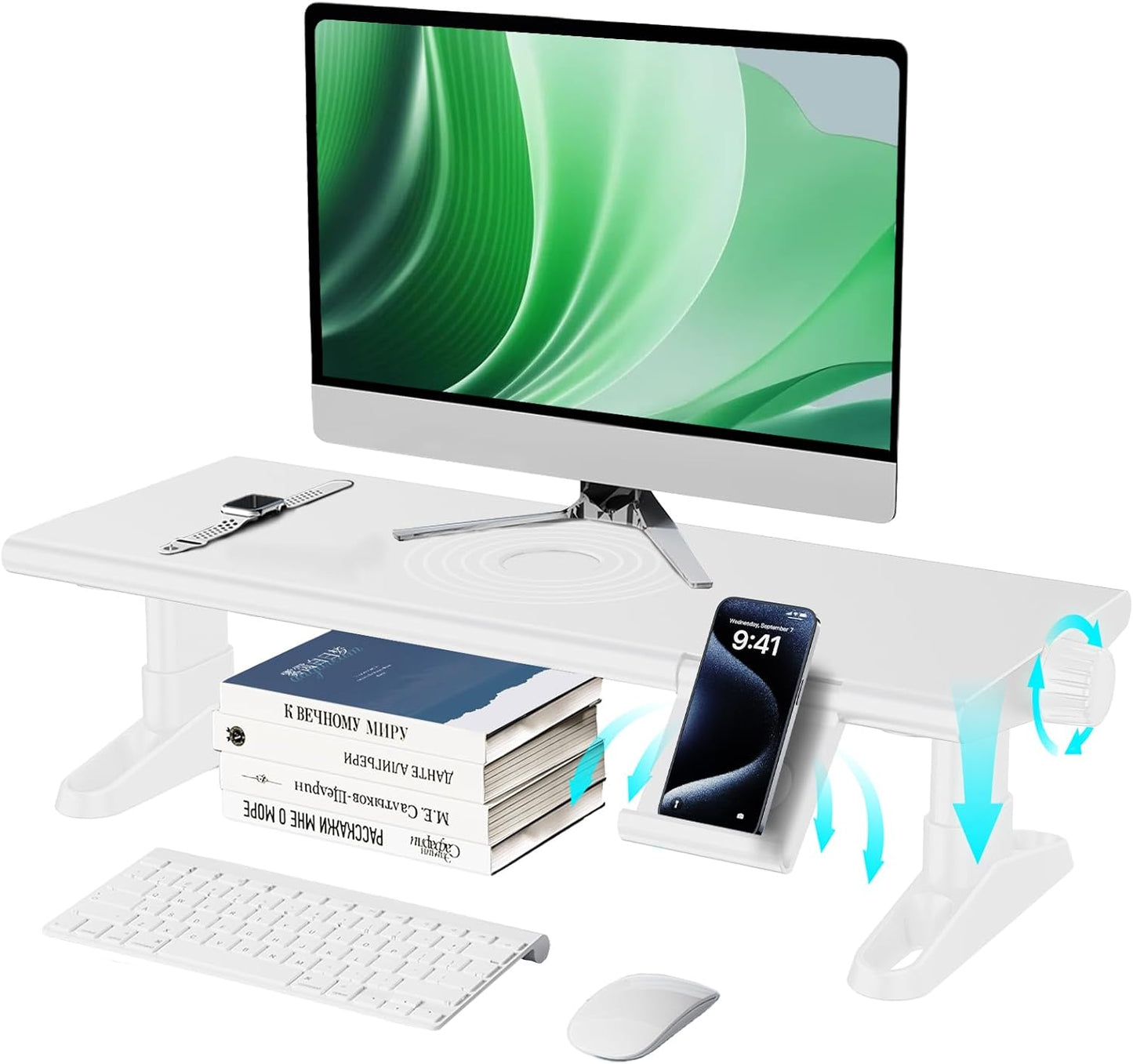 Computer Monitor Stand Riser for Desk,4.5-6.3 Inches Freely Height Adjustable with Cellphone Holder,Multi-Purpose Desktop Organizer Monitor Stands Riser for Computer,Laptop,Printer,TV (White)