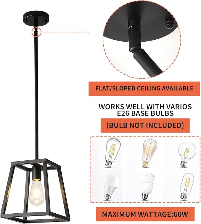 Black Pendant Light,Mini Rectangle Chandeliers, Pendant Lighting for Kitchen Island Living Room 1-Light Industrial Pendant Lighting for Kitchen Island