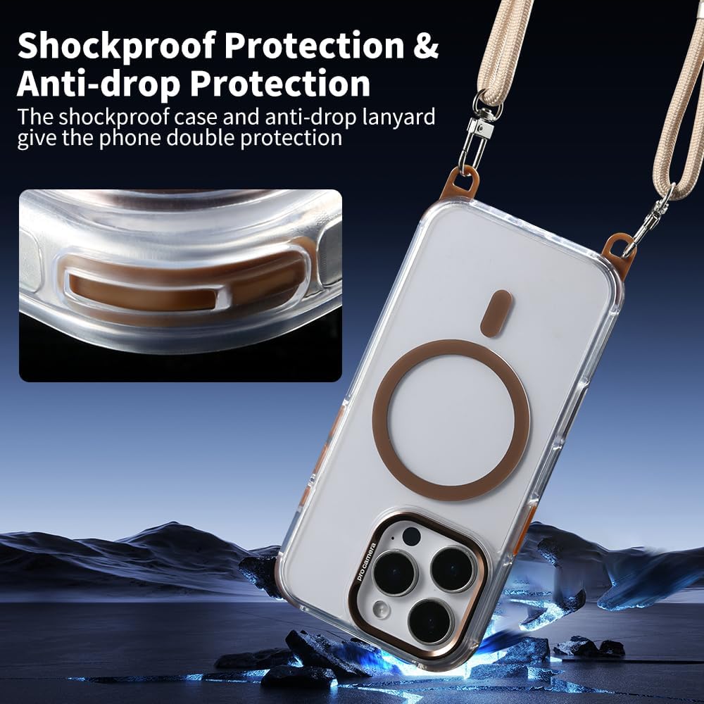 for iPhone 16 Pro Max Case with 62.99 inch Lanyard, Classic Clear&Brown Magnetic Phone Case, Drop&Shockproof Protection Cases, Phone Holder Lanyard, Compatible with Magnet Accessory