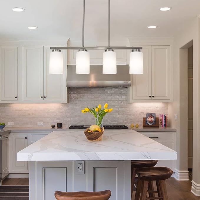 TODOLUZ Brushed Nickel Kitchen Island Light, Farmhouse Pendant Light Fixtures with Opal White Glass Shades Modern Linear Ceiling Hanging Light for Living Room
