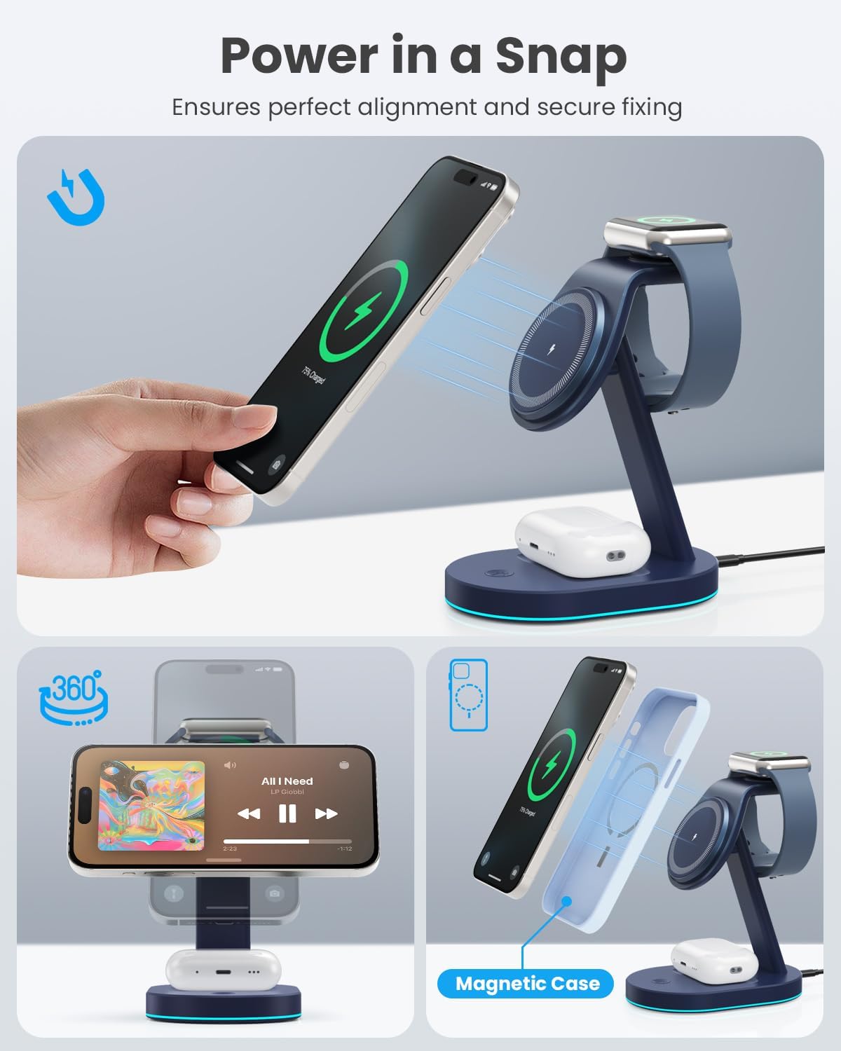 3 in 1 Wireless Charger Charging Station for iPhone,Qi2 Certified 15W Magnetic Charging Stand for Mag-Safe with 30W USB C Adapter&Friendly Night Light for iPhone 16/15/14/13/12,Apple Watch,AirPods