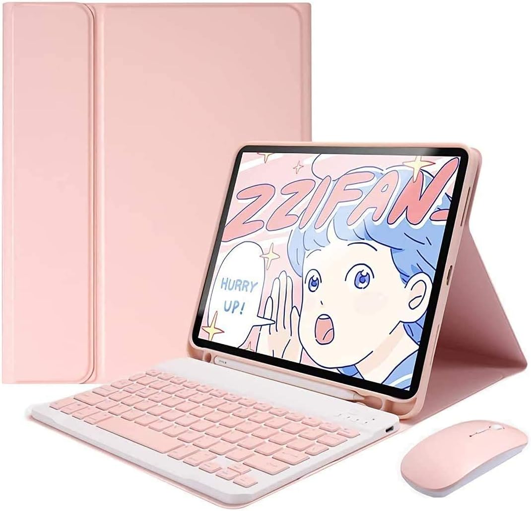 AnMengXinLing Keyboard Case for iPad mini 5 with Mouse, Detachable Wireless Bluetooth Keyboard Pencil Holder Slim Leather Smart Cover for iPad mini 5th Gen 2019, Pink