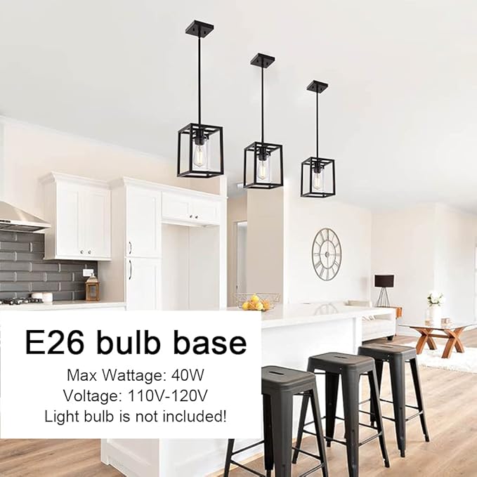 MELUCEE 1-Light Black Pendant Lights Industrial Farmhouse Chandeliers Mini Island Light Fixtures Ceiling Hanging with Clear Glass Shade for Dining Room Entryway Hallway Restaurants