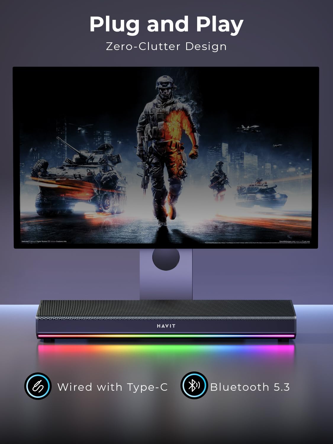 havit Computer Speakers for Desktop PC, Bluetooth 5.3 Pc Soundbar with Dynamic LED Light, HiFi Stereo, Poratble Bluetooth Speaker, Gaming Speakers for PC, Laptop,Tablet