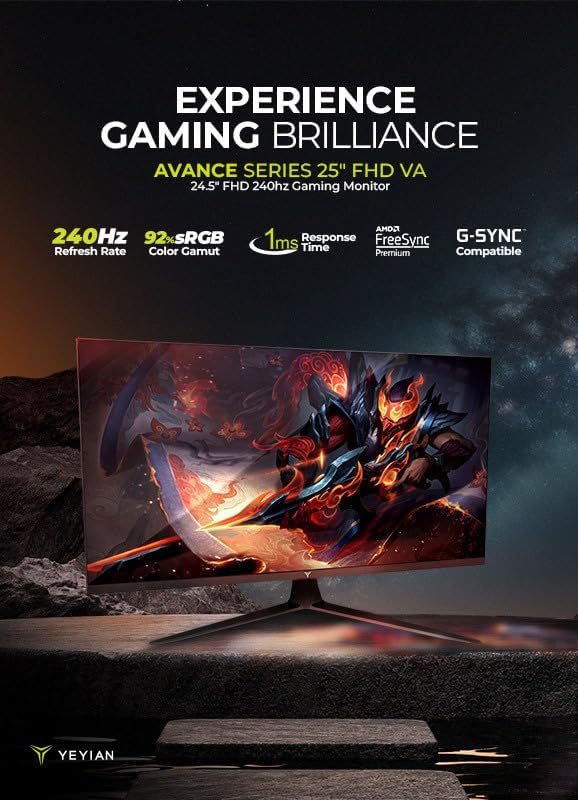 25 inch Gaming Monitor 1080P FHD 240Hz 1ms, YEYIAN 24.5" Flat Framless PC Monitors, 92% sRGB VA Screen Computer Monitor, HDR 10, HDMI x2, DP, Freesync Premium, Adaptive G-Sync, VESA Mount, Tilt Adjust