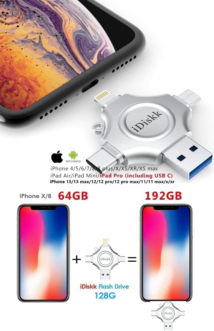 MFi Certified iDiskk 128GB Flash Drive for iPhone 15 16 iPad USB 3.0 Lightning Drive 4 in 1 Multi Functional External Storage for iOS and Android Samsung Phones Type c Devices and MacBook Photo Drive