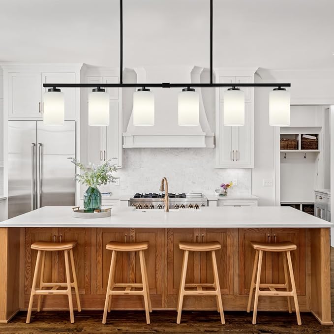 6-Light Island Lights for Kitchen Pendant Lighting Over Island Black Dining Room Light Fixtures Over Table, 45.27'' Modern Farmhouse Large Chandeliers with Milky Glass Shade