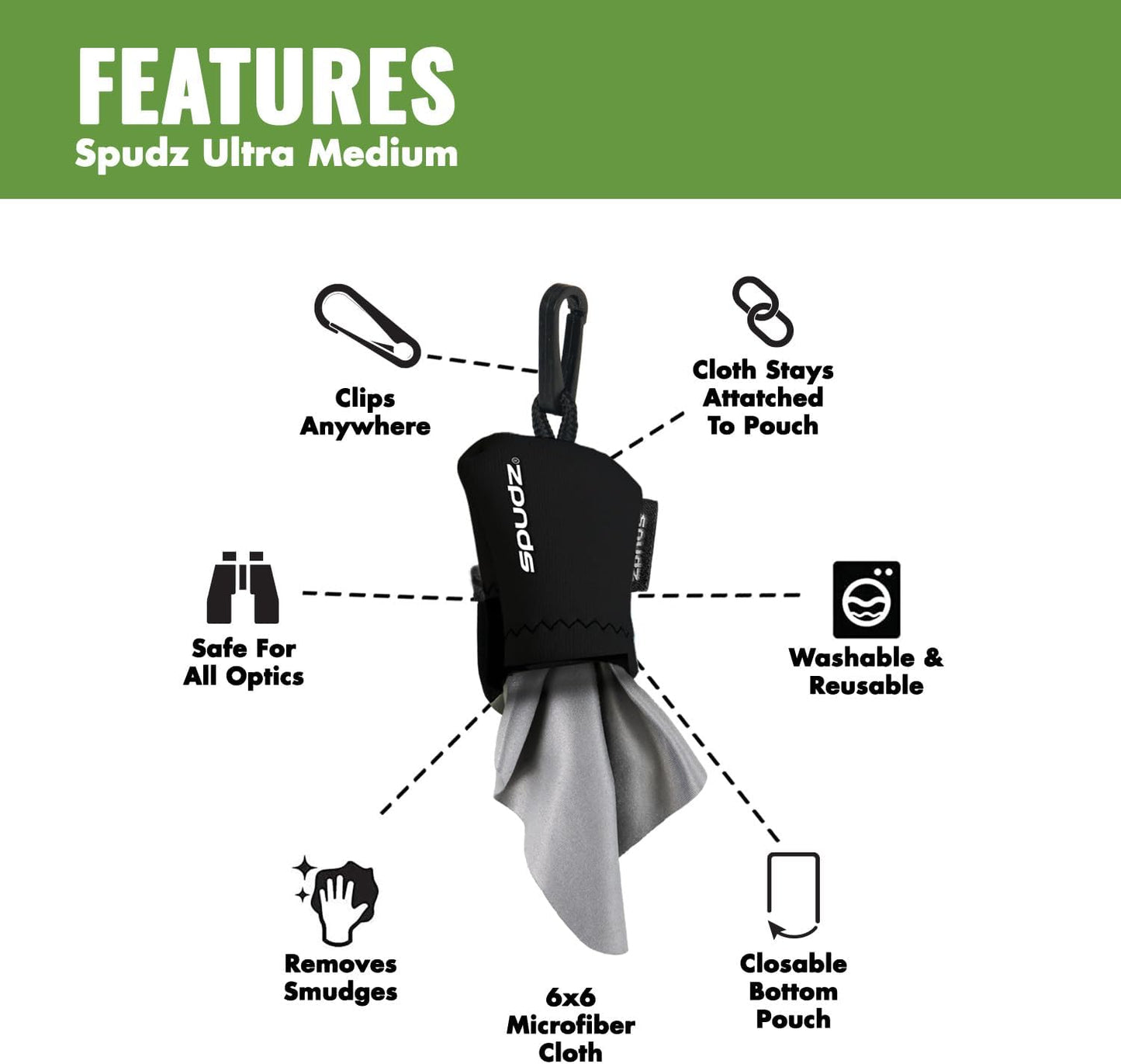 SPUDZ Ultra Microfiber Lens Cleaner – Closable Pouch, Clip-On, Washable – for Optics, Scopes, Glasses | We The People, 6 x 6 Inch