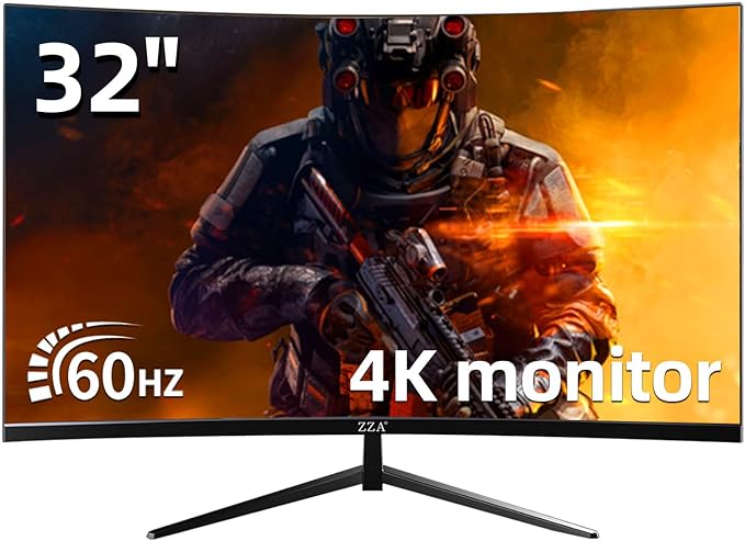 ZZA 32 Inch Curved Monitor 4k, Computer Screen 60HZ 4k UHD(3840 * 2160P) 3000R VA Panel, Gaming Monitor 4K AMD Freesync, 100% sRGB HDR10 Wall Mountable Installs(HDMI 2.0/DP 1.4 * 2)