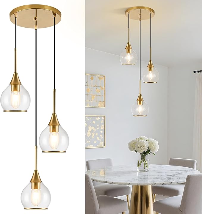 3-Light Island Light for Kitchen, Gold Kitchen Island Hanging Pendant Light, Brushed Gold Dining Room Light Fixture Over Table with Clear Round Glass Shades