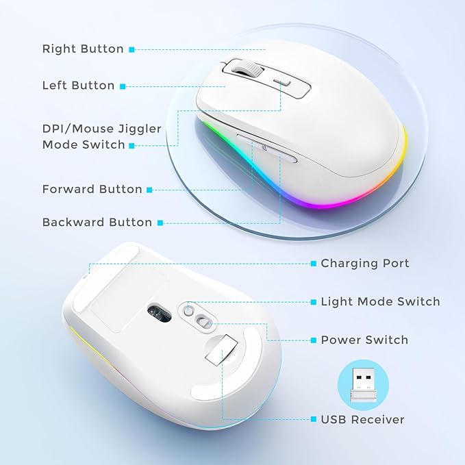 PEIOUS Mouse for Laptop Wireless - LED Wireless Mice with Build-in Jiggler Mover, Rechargeable Moving Mouse Undetectable Wiggler Keeps Computer Awake - White