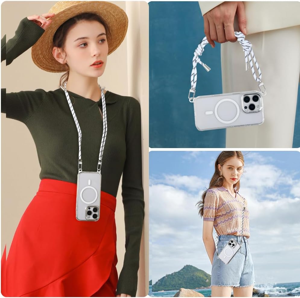 for iPhone 16 Pro Max Case with 62.99 inch Lanyard, Classic Clear&White Magnetic Phone Case, Drop&Shockproof Protection Cases, Phone Holder Lanyard, Compatible with Magnet Accessory