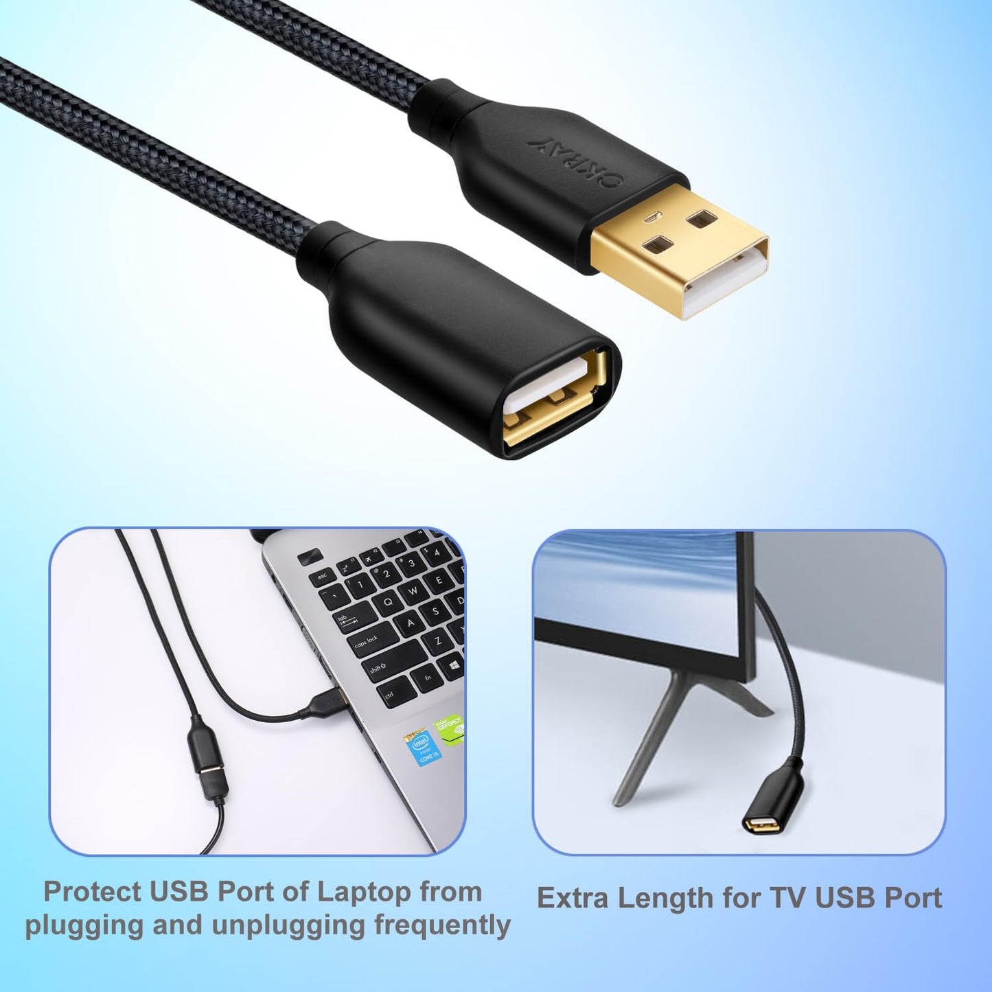 USB Extension Cable, 2-Pack OKRAY 6FT Nylon Braided USB 2.0 Extension Cable Type A Male to Female Cable Extender Cord with Gold-Plated Connector for Printer, Camera, USB Flash Drive, Hard Drive, Mouse