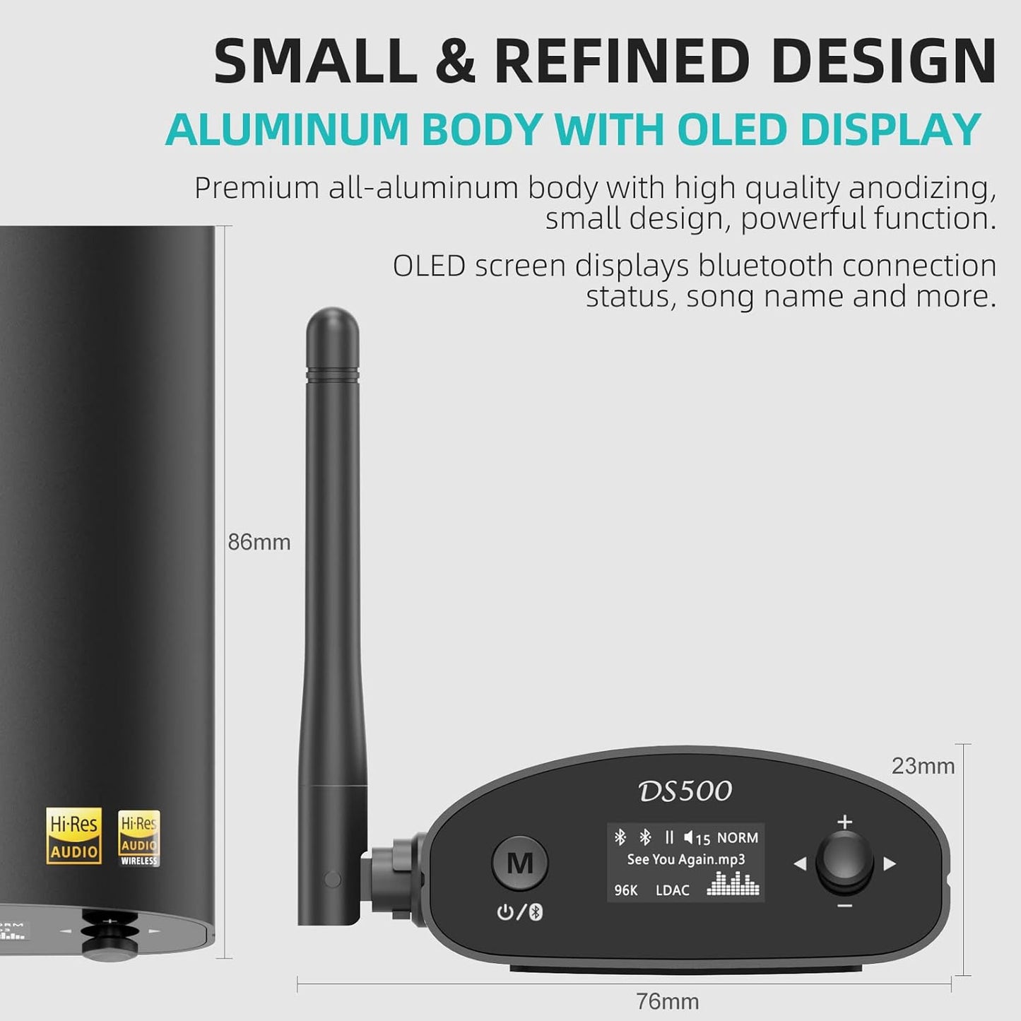 1Mii DS500 LDAC Bluetooth Hifi Receiver, Long Range Bluetooth 5.1 Audio Adapter w/Audiophile DAC, aptX HD & Low Latency, OLED Display & Optical Coaxial RCA Output for Home Stereo/AV Receiver/Amplifier