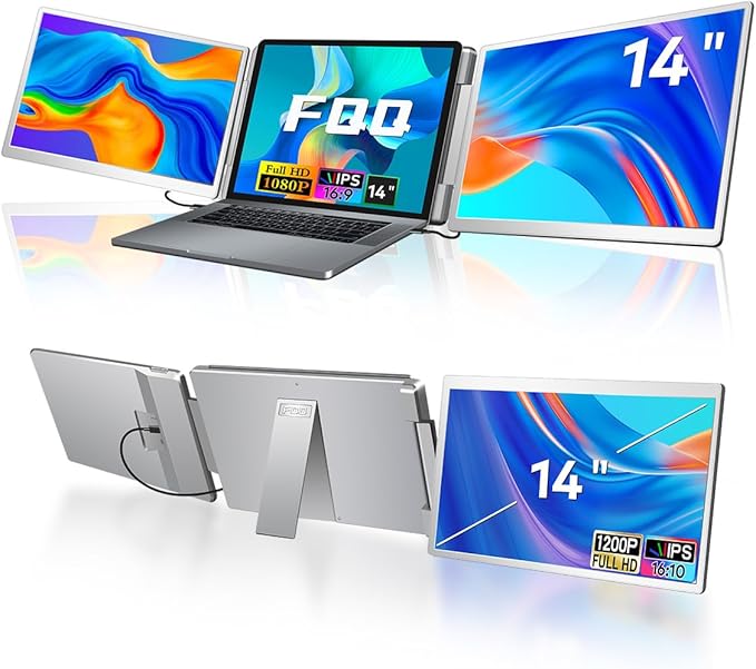 S7 Laptop Screen Extender,14-inch Portable Travel Triple Monitor-Left Screen 360° Flip,FHD 1200P IPS Triple Screen Laptop Monitor Extender for 12-16.5" Laptops,Compatible with Win and MacBook,Gray