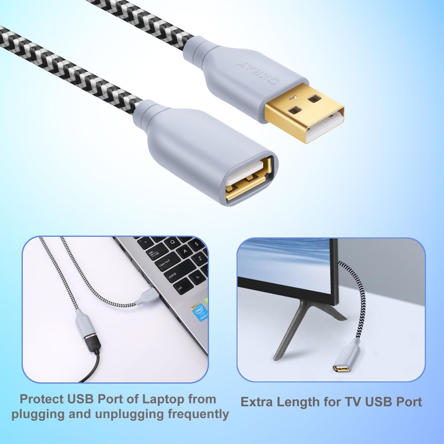 OKRAY White USB Extension Cable, 2-Pack 6FT Nylon Braided USB 2.0 Extension Cable - Type A Male to A Female Extender Cord with Gold-Plated Connector for USB Flash Drive, Keyboard, Printer, Webcam