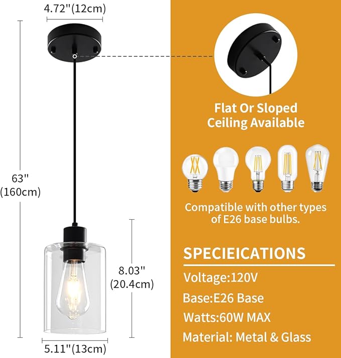 3 Pack Pendant Lights Kitchen Island, Black Kitchen Pendant Lighting Over Island, Hanging Light Fixtures Modern Glass Pendant Lights for Hallway Entryway Bedroom Dining Room