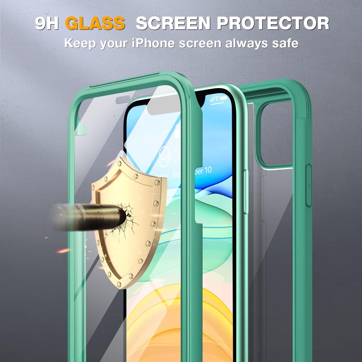 Miracase Glass Series for iPhone 11 Case 6.1 inch, Upgraded Full-Body Rugged Phone Bumper Case Cover with Built-in 9H Tempered Glass Screen Protector and Camera Protector, Light Green